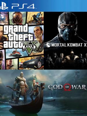 3 JUEGOS EN 1 GRAND THEFT AUTO V MAS GOD OF WAR MAS MORTAL KOMBAT XL PS4